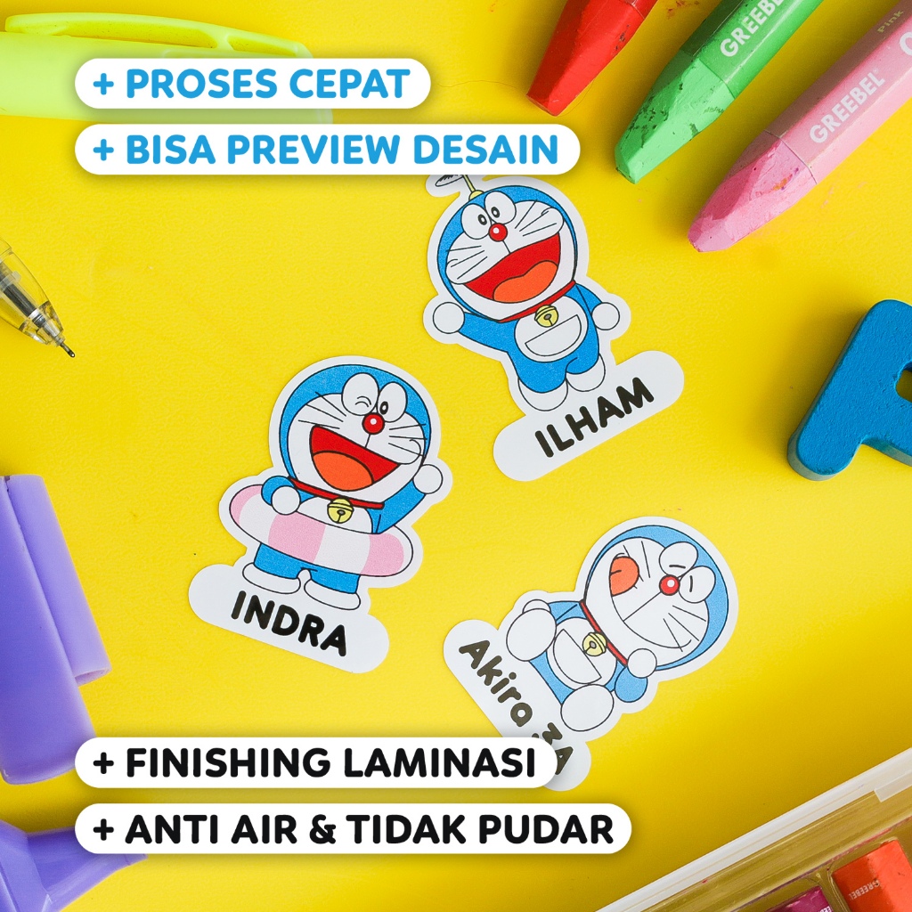 

Stiker Nama Anak Gambar Doraemon, Bahan Vinyl Laminasi Ukuran 3x4cm