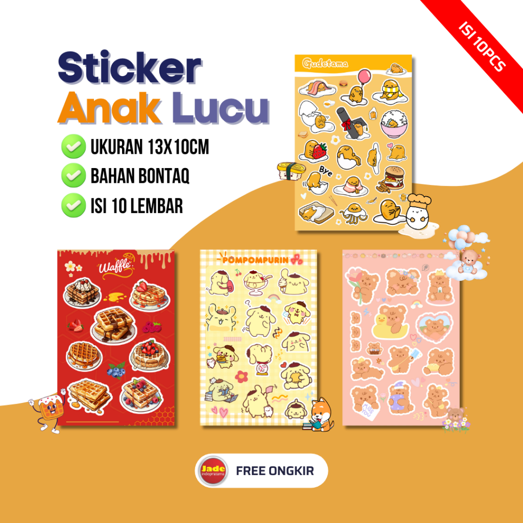 

[Isi 10pcs] Sticker Pack Lucu Stiker Anak Waffle Stiker Beruang Sticker Cute Pompompurin Freebies Gudetama Murah Sticker