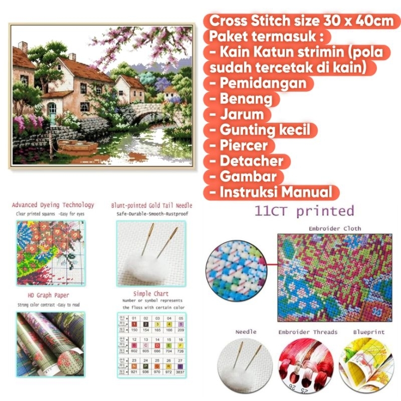 kristik pemandangan indah set Embroidery Craft set complete - kerajinan menyulam set lengkap kristik