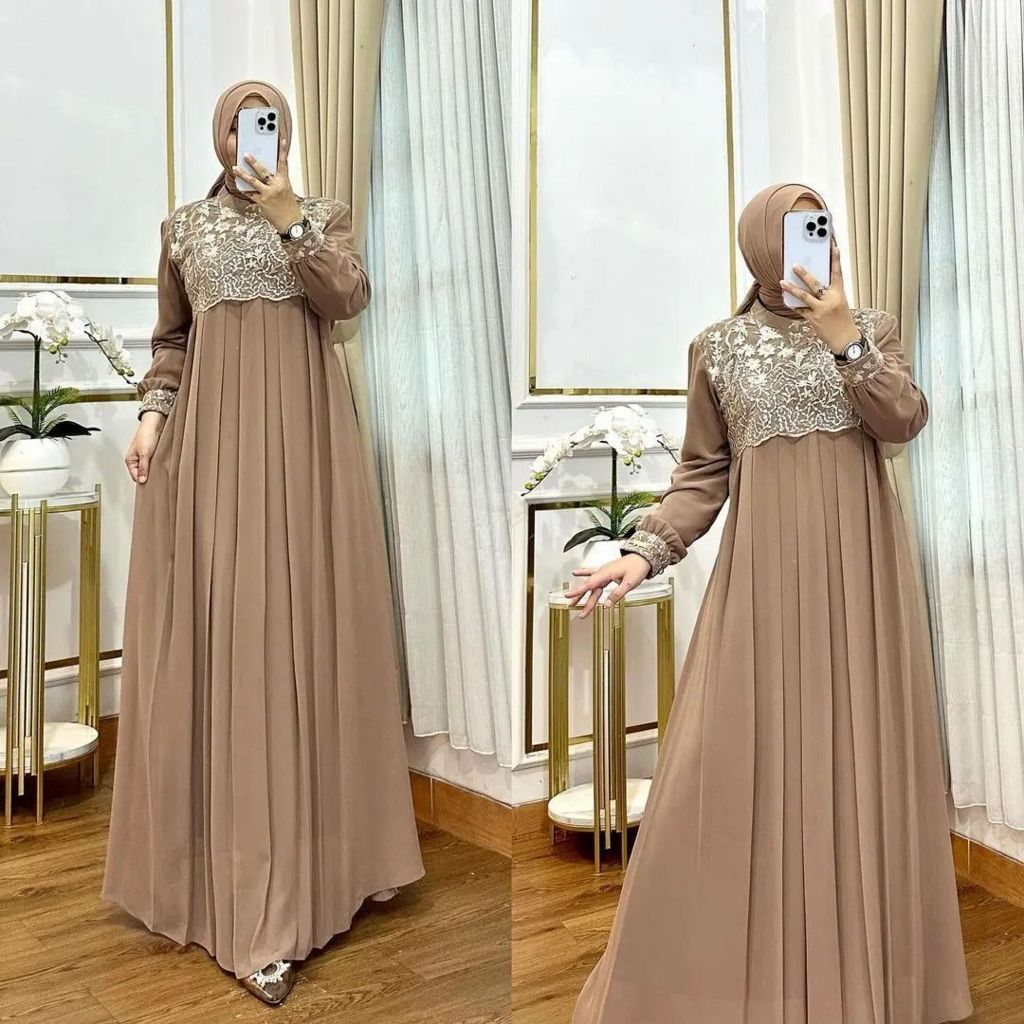 Namira Baju Gamis Kondangan Brokat Bahan Ceruty Jatuh Wanita Model Baru Terbaru 2024 Mewah Viral