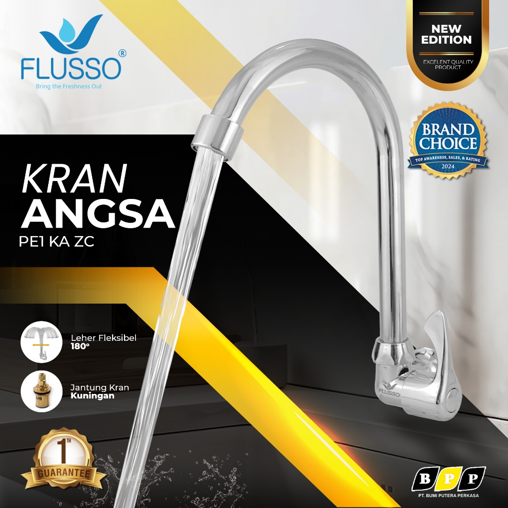 FLUSSO Kran Wastafel Cuci Piring Angsa 1/2 inch Original Bergaransi Jantung Kuningan KA6 | 596