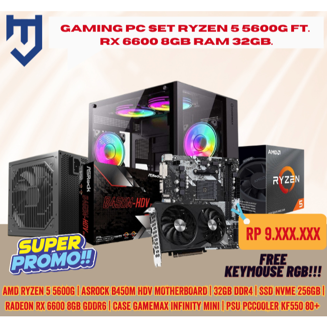 Gaming PC Set Ryzen 5 5600G Ft. RX 6600 8GB RAM 32GB.
