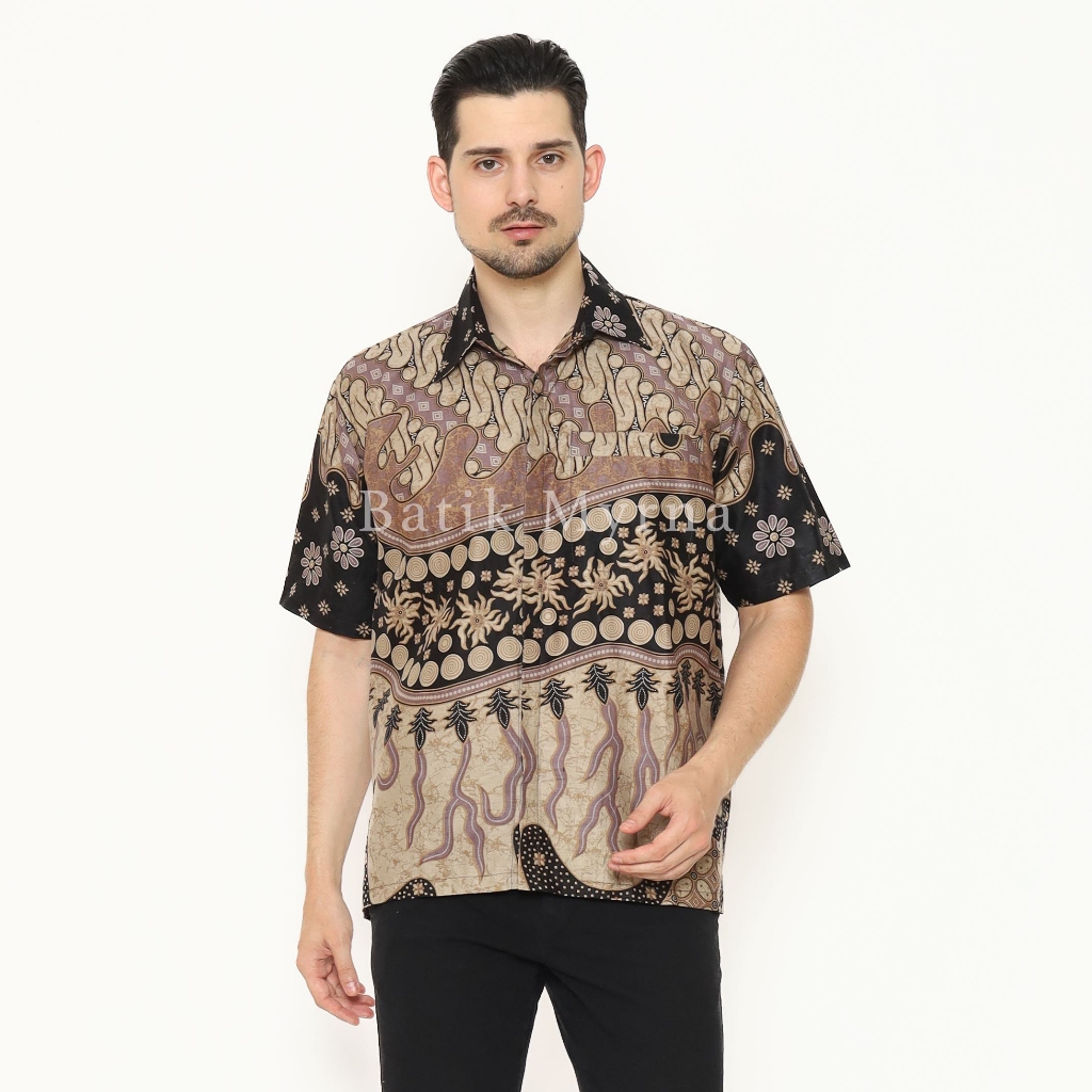 BATIK MYRNA - Kemeja Batik Lengan Pendek Pria Motif Seno Hitam Salem
