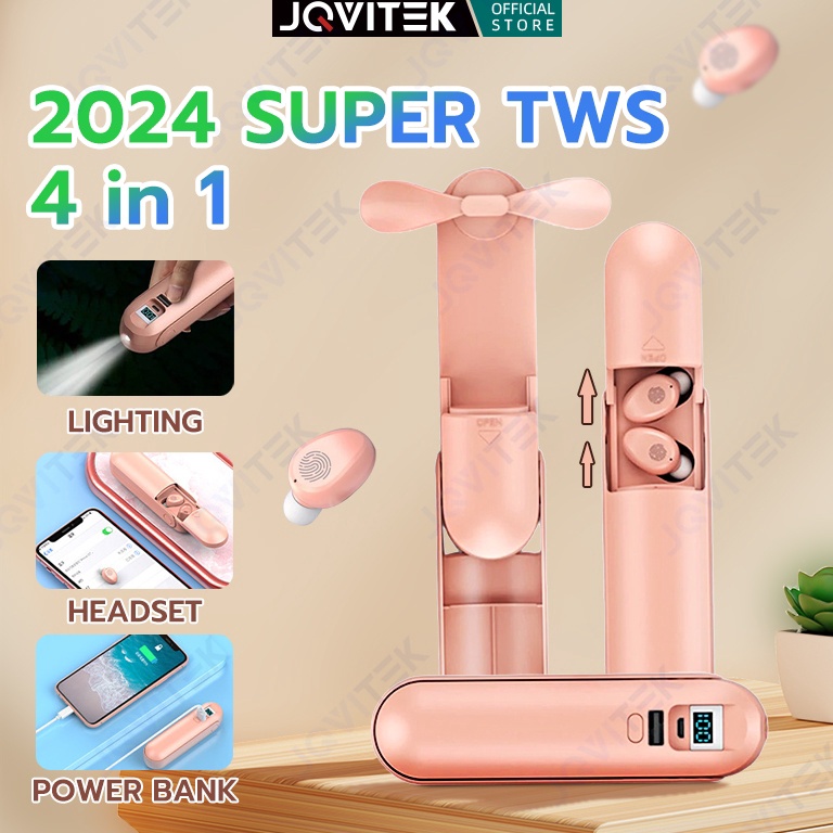 JQVITEK TWS T64 Headset LED Kipas Powerbank 4in1 Wireless Earphone Mini Fan Flashlight Powerbank KOD