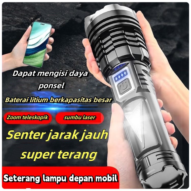【COD】Senter LED Super Terang Berdaya Tinggi Jarak Jauh Anti Air Senter  20000 Lumens Original USB  R