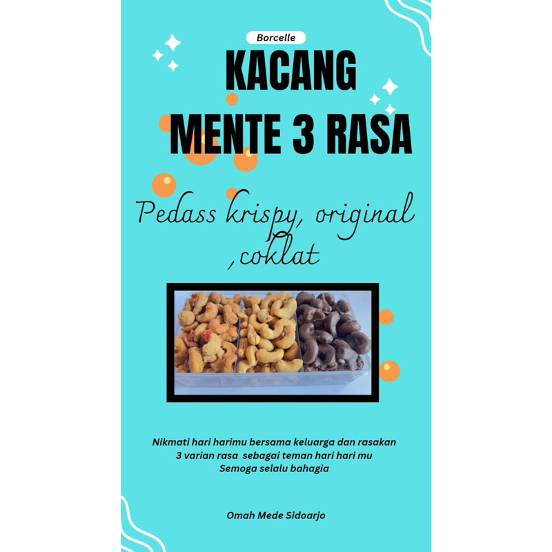 

kacang mente 3 varian rasa( coklat, pedas manis krispy, original bawang ) berat 520gr include toples