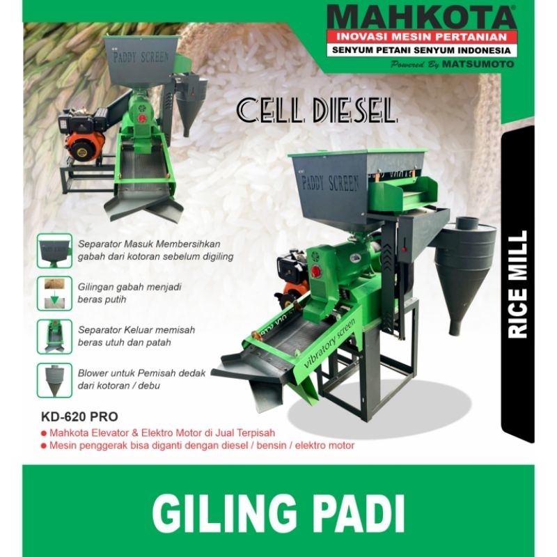 Mesin Gilingan Padi MAHKOTA KD-620 PRO Kapasitas Besar + Diesel 10 HP