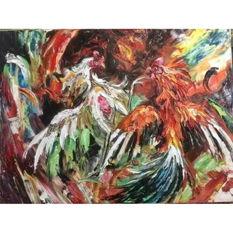 lukisan kanvas sambung ayam textur cat timbul/lukisan aesthetic/lukisan dinding/lukisan tangan