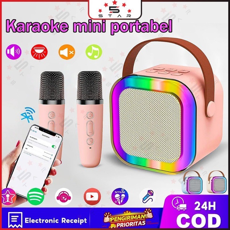COD Karoke Bluetooth Speaker Vinyl Speaker Karaoke 2 Mikrofon Bluetooth Mini Portabel dengan Efek Pe
