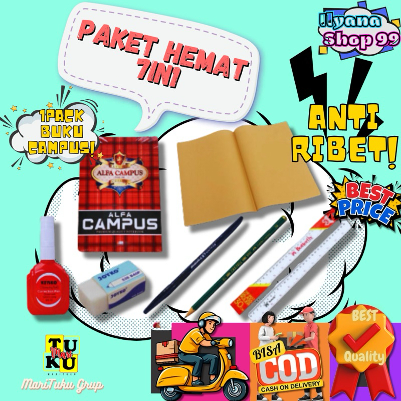 

Paket hemat 7in1 buku tulis campus boxy 36 lembar 1pack isi 10buku, sampul, pensil, pulpen, penghapus, tipex, penggaris