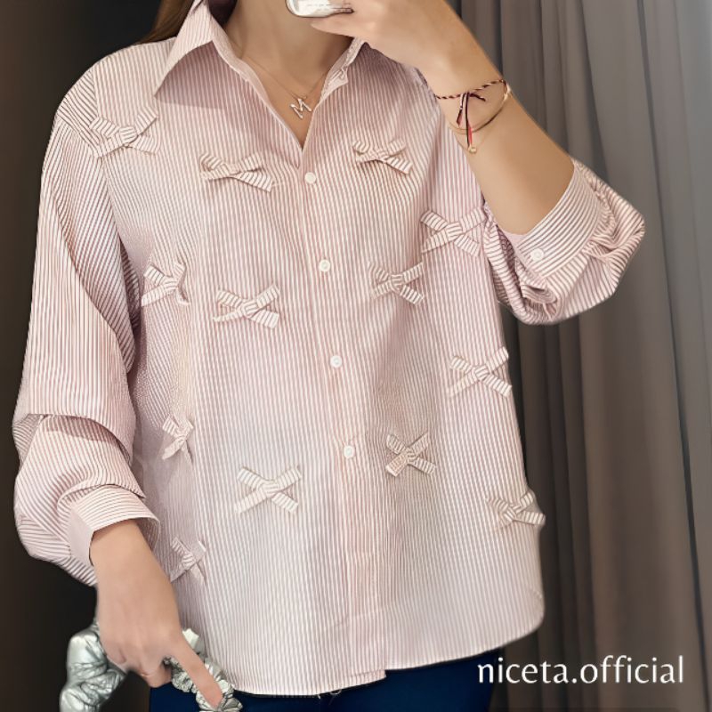 [NICETA]- Kemeja Oversize Salur Coquette| Kemeja Oversize| Kemeja salur| Ribbon Shirt Oversize