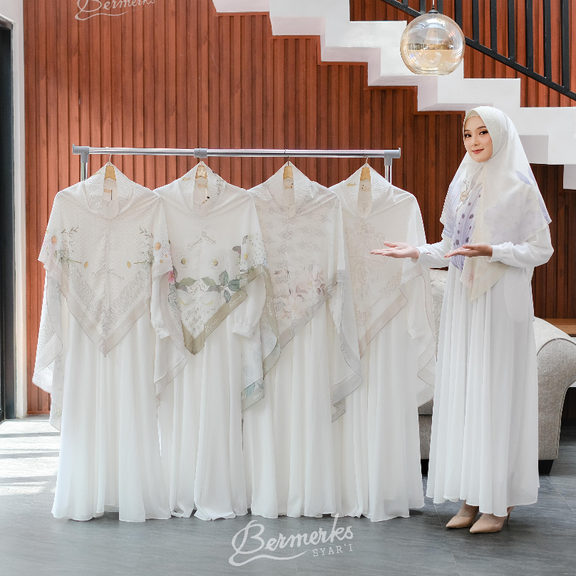 BERMERKS SYARI | MIRANDA PUTIH Gamis Wanita Set Hijab Ceruty Babydoll Motif Premium All Size