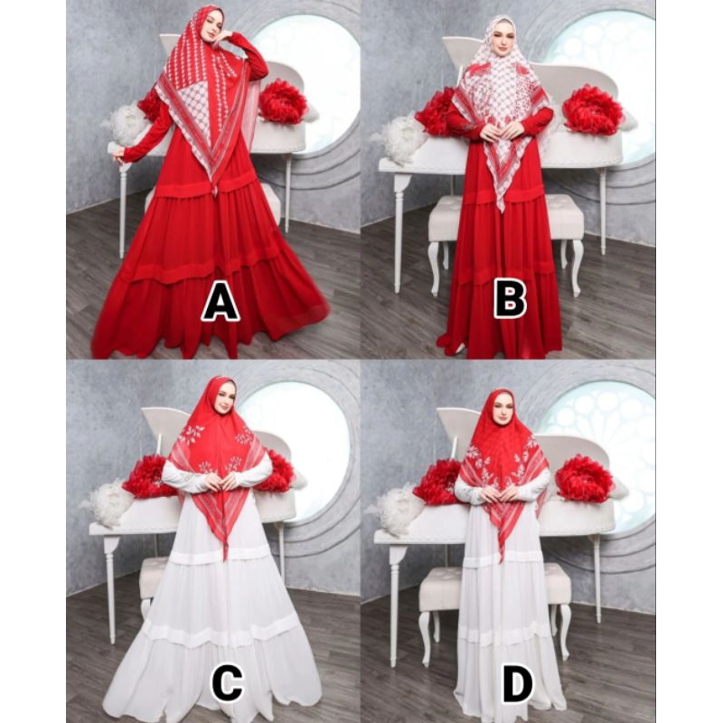 Gamis Syari By Gallery Syarifah Koleksi Kemerdekaan RI Dress Rempel Maura Polos Merah Putih Ceruty B