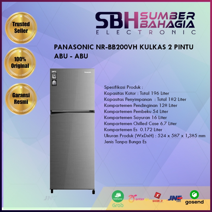 PANASONIC NR-BB200VH KULKAS 2 PINTU ABU - ABU (NEW) (KHUSUS BANDUNG)