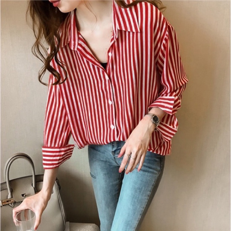Kemeja Wanita Lengan Panjang Korean Style Casual Motif Salur 1 cm Hitam Putih Navy Putih Hem Cewek O