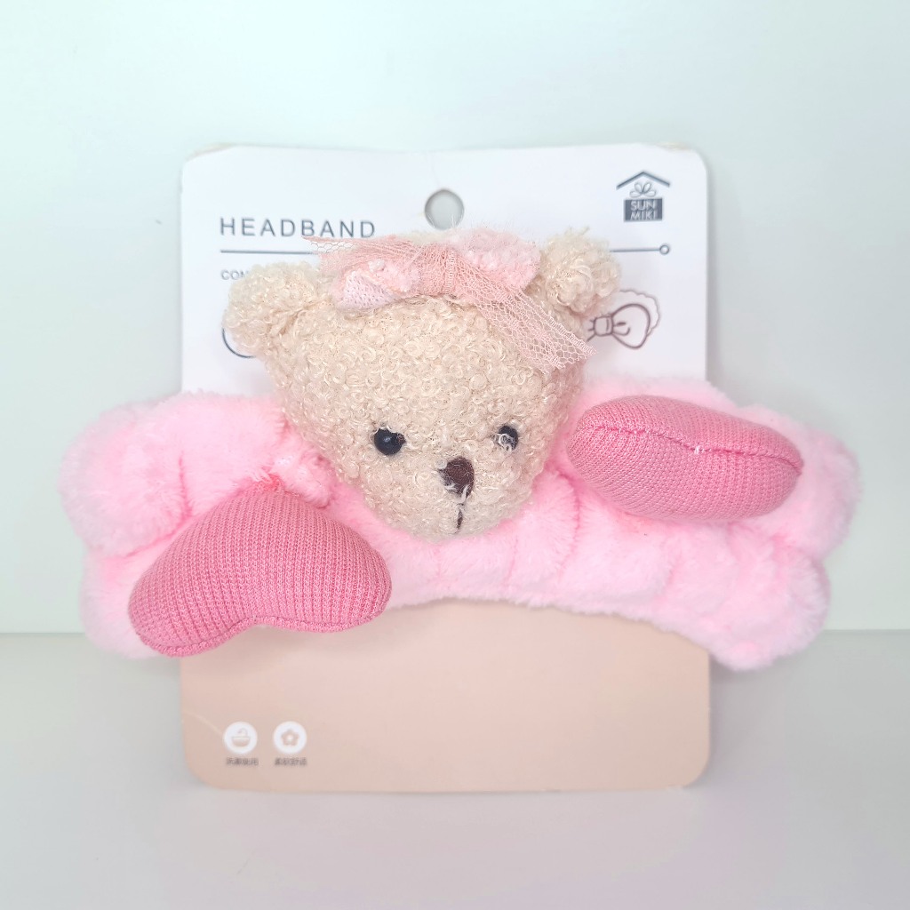 KKV Bando Bandana Head Hair Band Headband Hairband Karet Rambut Mandi Masker Wajah Beruang Bear Pink