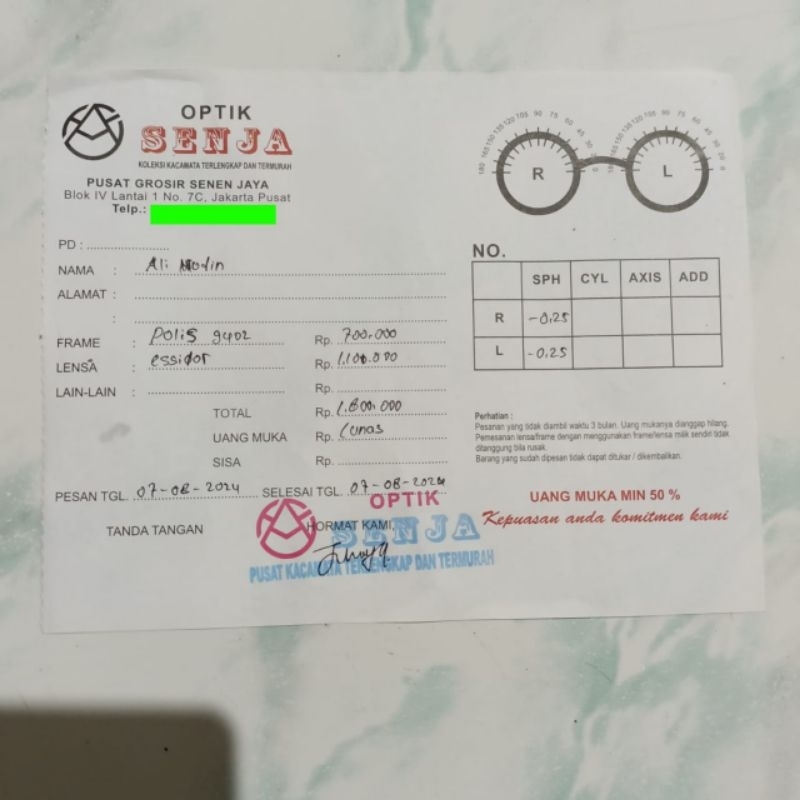

kacamata bon kwitansi stempel optik