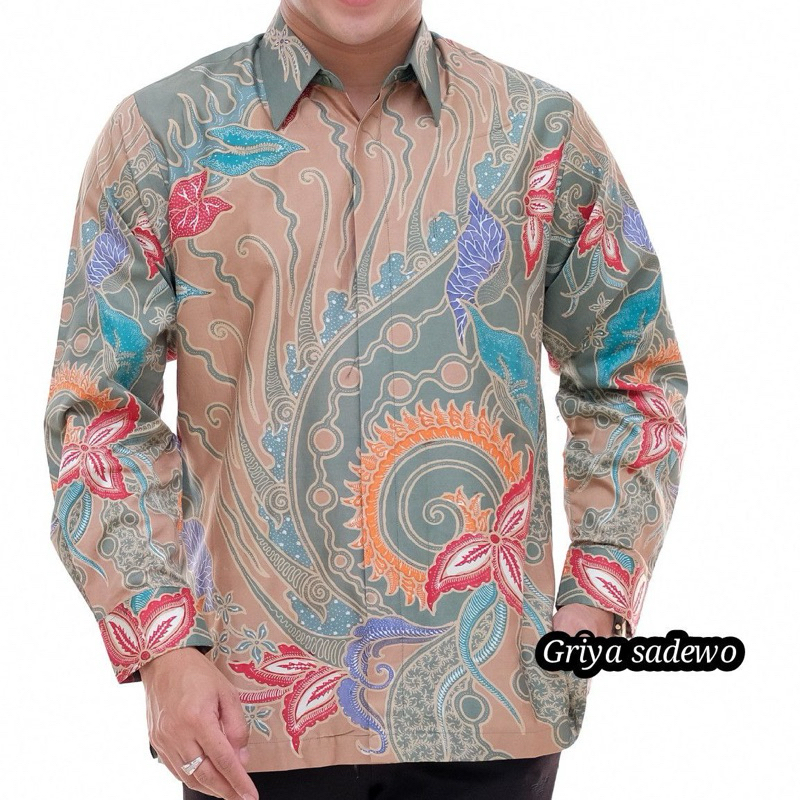 Baju Kemeja Batik Pria Dewasa Lengan Panjang Tulis Kombinasi Satin Premium Motif Tejawulan