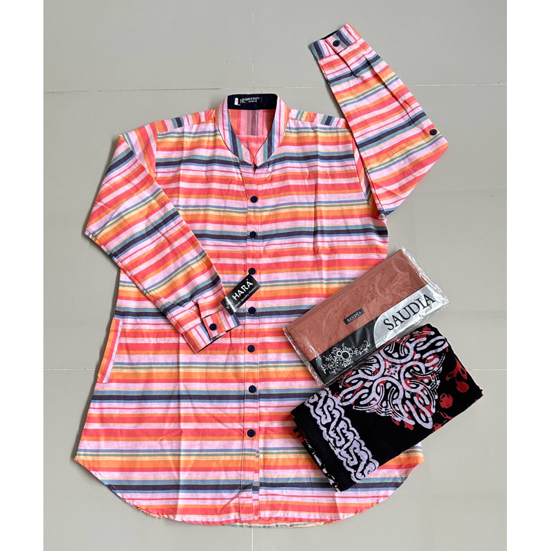 Stelan Tunik Hara Motif Salur + Sarung Aqil + Hijab