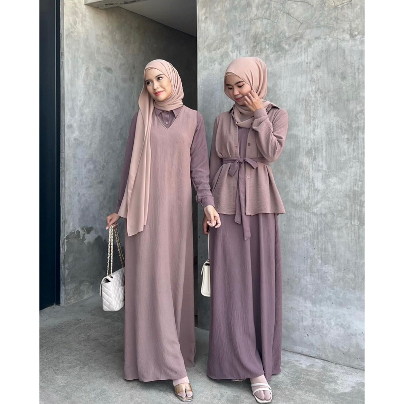 PROMO / BAHAN PREMIUM / Dafinty - Fathia Dress Set Kemeja Bahan Premium Crinkle Airflow Gamis Remaja