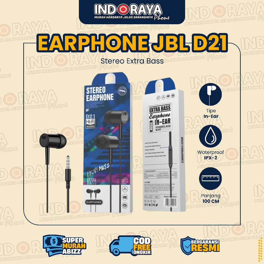 Headset JBL D21 Stereo Bass Handsfree Earphone Kabel 3.5Mm Kualitas Tinggi Earbud Kabel In-Ear Audio