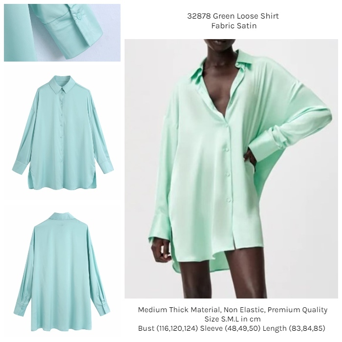 32878 Kemeja Hijau Satin Oversize Lengan Panjang