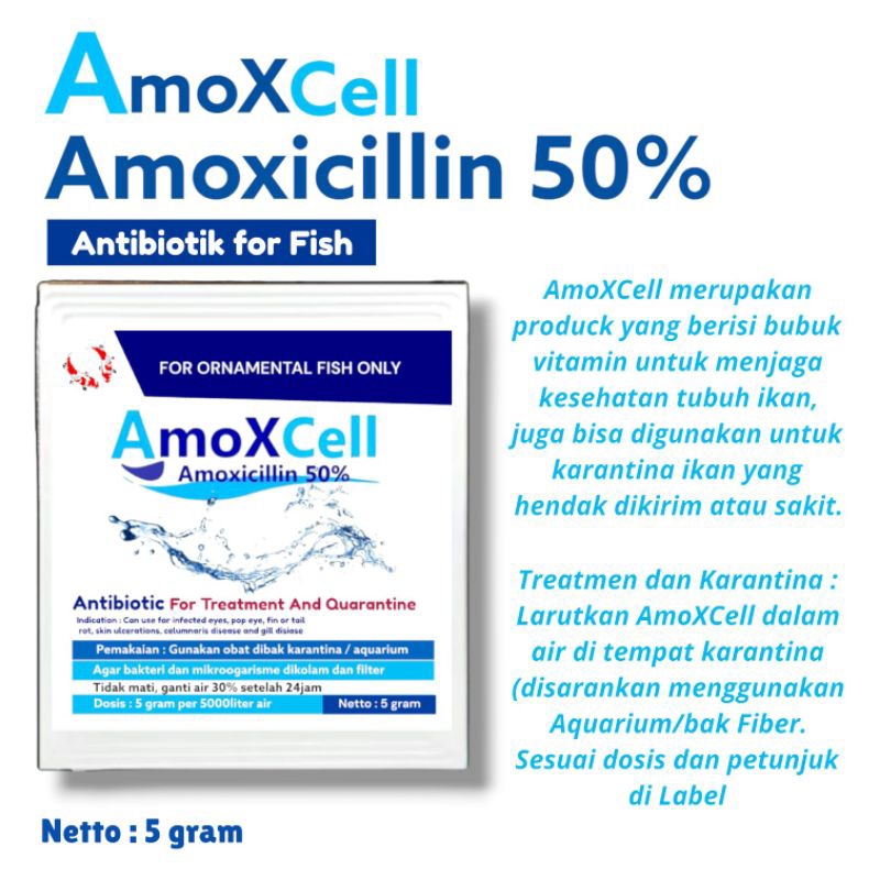 Amoxcell 5gr amoxicillin 50% obat karantina ikan antibiotik untuk ikan hias ikan predator