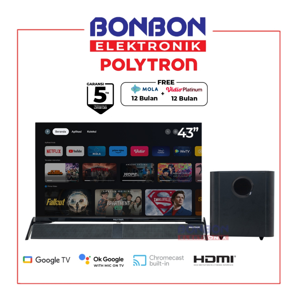POLYTRON LED Smart TV 43 inch PLD 43BG9058 / PLD 43BG Cinemax Google TV + Speaker Soundbar