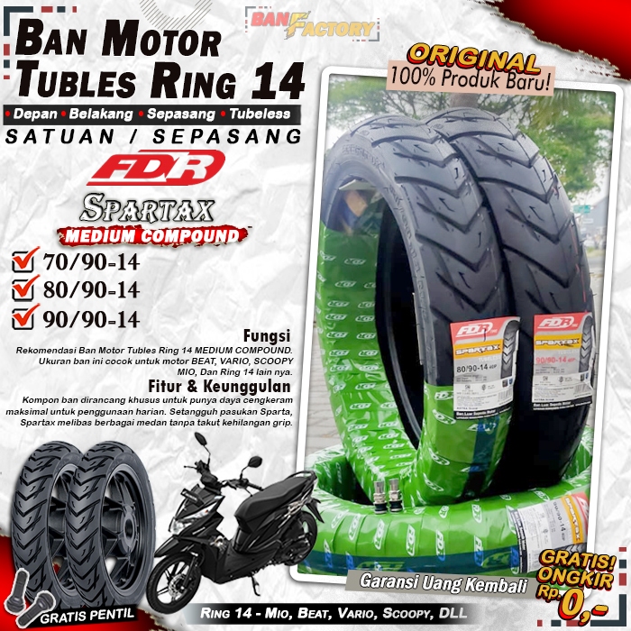 Ban Motor FDR SPARTAX Ring 14 Ban Tubles Depan Belakang Motor Matic Beat Vario Scoopy Ring 14 Tubles