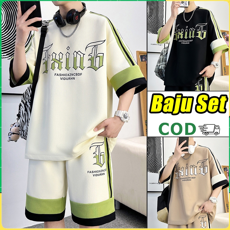 Baju setelan pria motif kaos pria distro outfit keren 1 set waffel HitamPutihAprikot kaos cowok M-3X