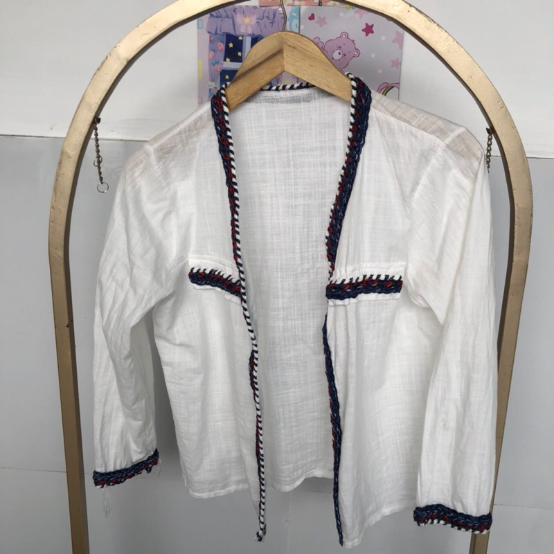 blazer outer putih tweed navy bahan terawang
