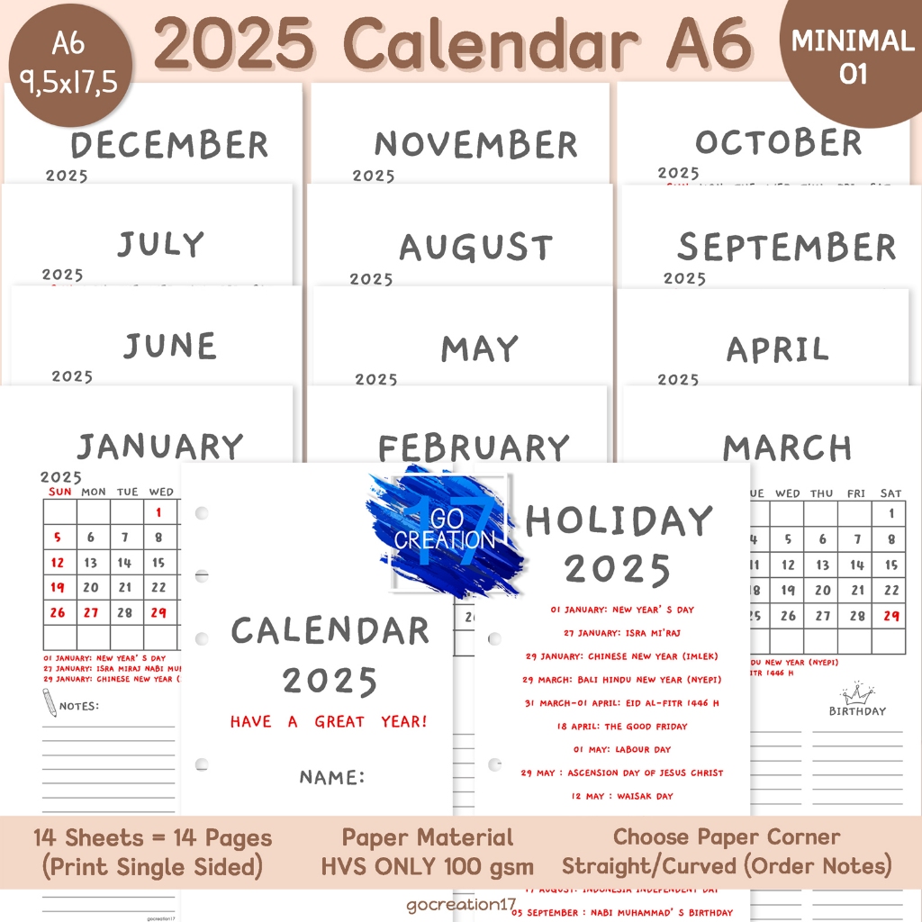 Buku Planner Kertas Isi Binder Kalender Calendar 2025 Simple Minimalis A6