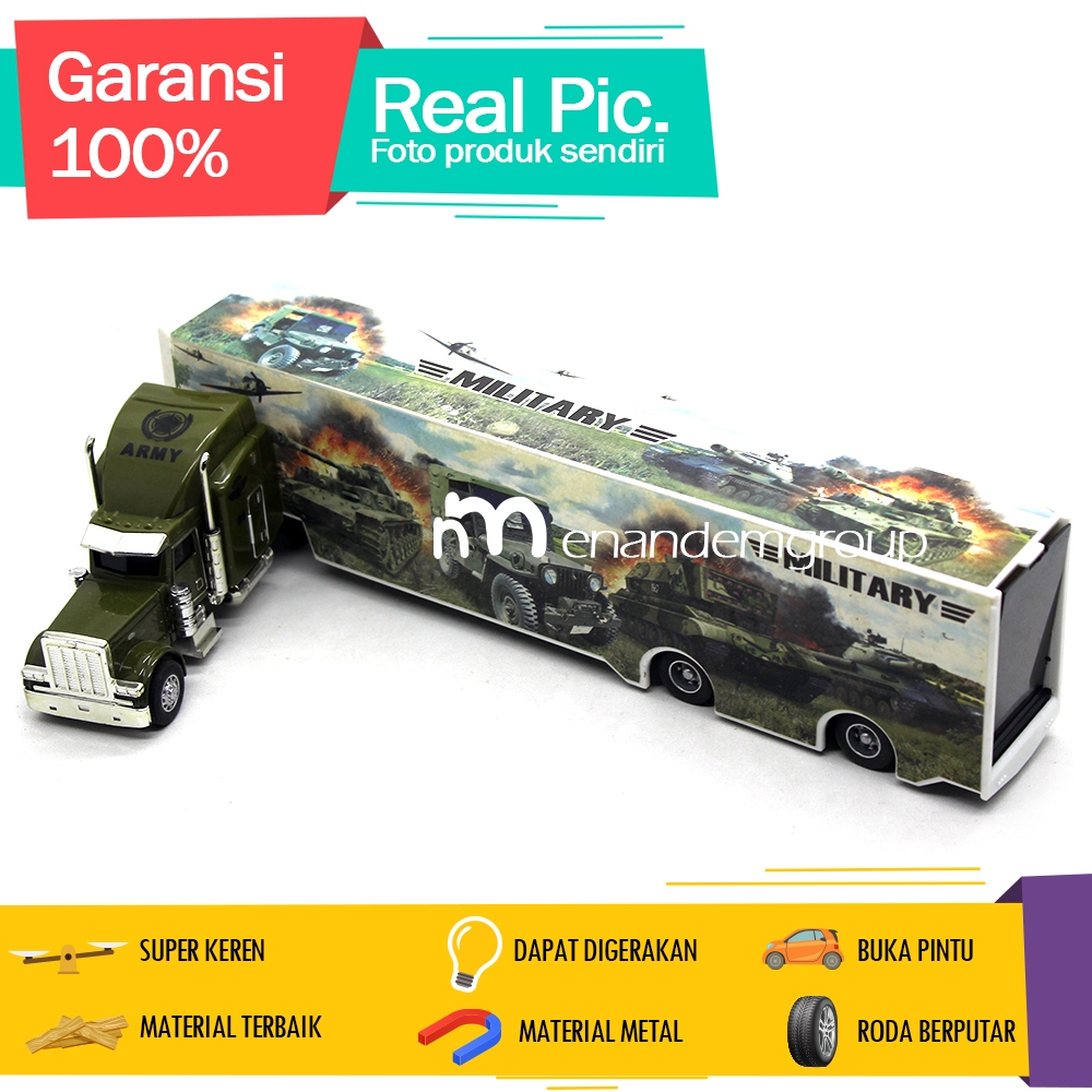Diecast Miniatur Mainan Mobil Truk Kontainer Gandeng Trailer Metal Militer Series
