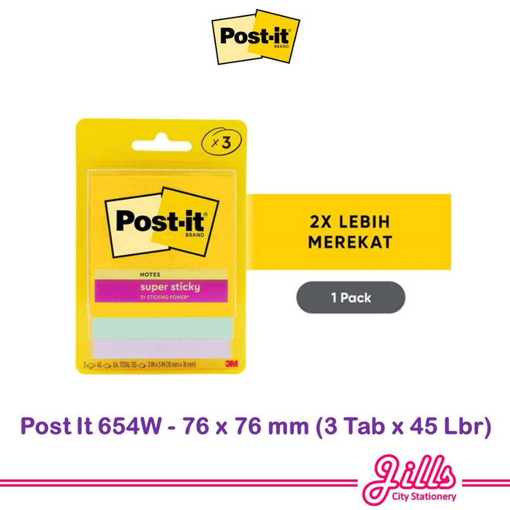 

Post It-3M Sticky Note 654 Warna 3x3inch / 76x76mm (3 Pad Warna x 45 Lbr)