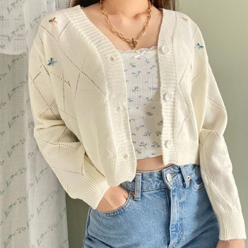 Floral knit V-neck cardigan || cardigan rajut putih