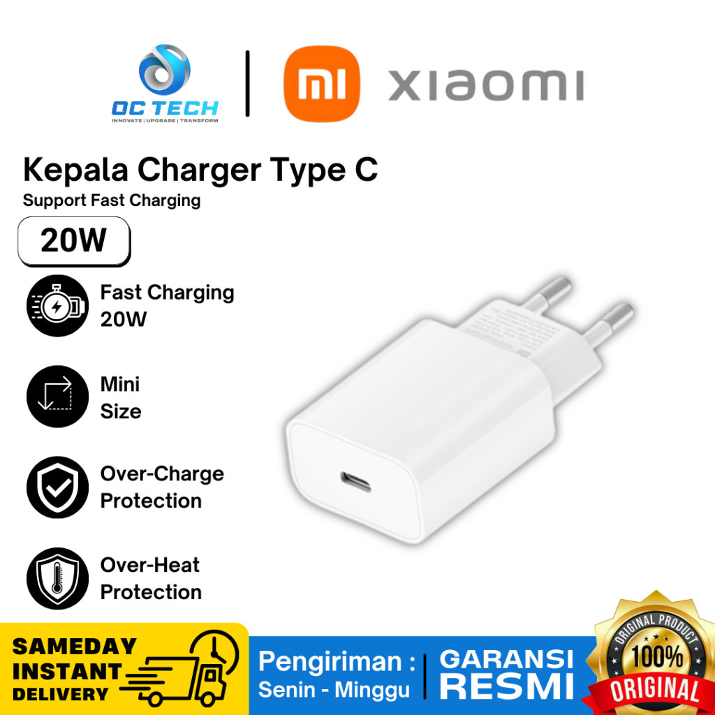 Xiaomi Mi Charger Kepala Charger 20W Port Type C PD Fast Charging Charger HP Original Garansi TAM
