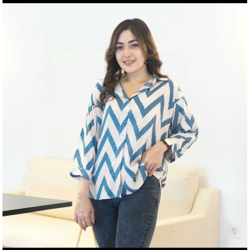 KEMEJA ELIZA Blouse Oversize Lengan Balon Katun Rayon Motif Premium