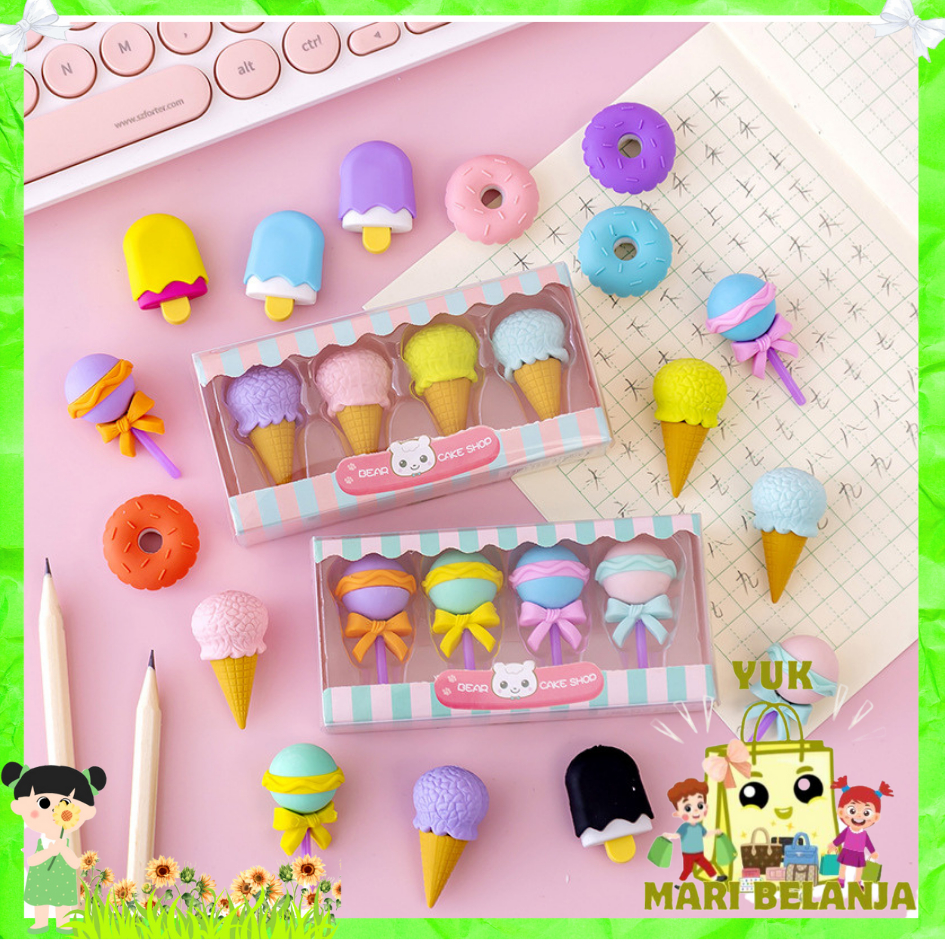 

YMB Penghapus Lucu Bentuk Es Krim Isi 4 Pcs / Set Karet Hapus Lolipop Donat Pensil Karakter Sweet Eraser Anak Sekolah Karakter 4pcs Bentuk Makanan Donut Ice Cream