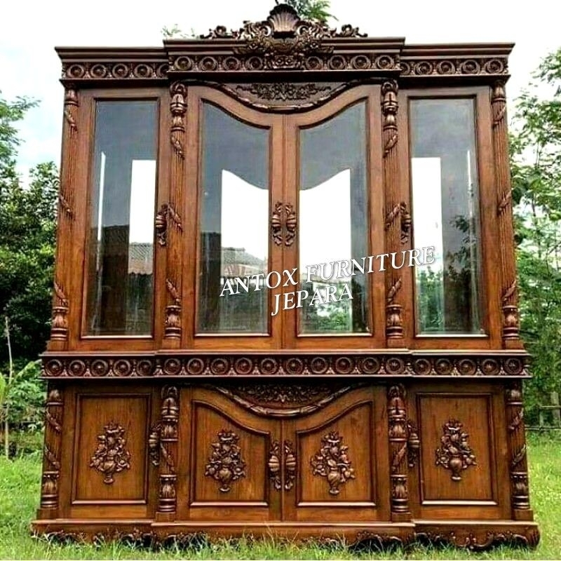 lemari pajangan ukiran kayu jati ( lemari hias, lemari kaca )