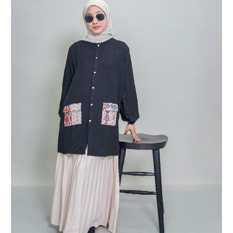 Tunik Hitam Kombinasi Tunik Rayon Simple Pocket