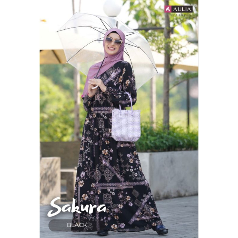 gamis sakura bahan rayon viscolin ready hitam by aulia fashion