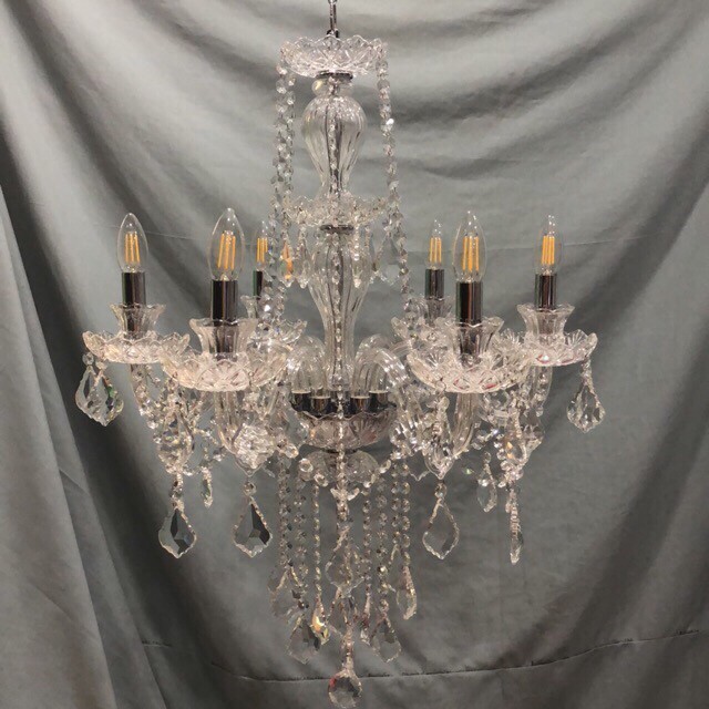 Lampu gantung lilin chandelier hias komplit kristal 6 cabang