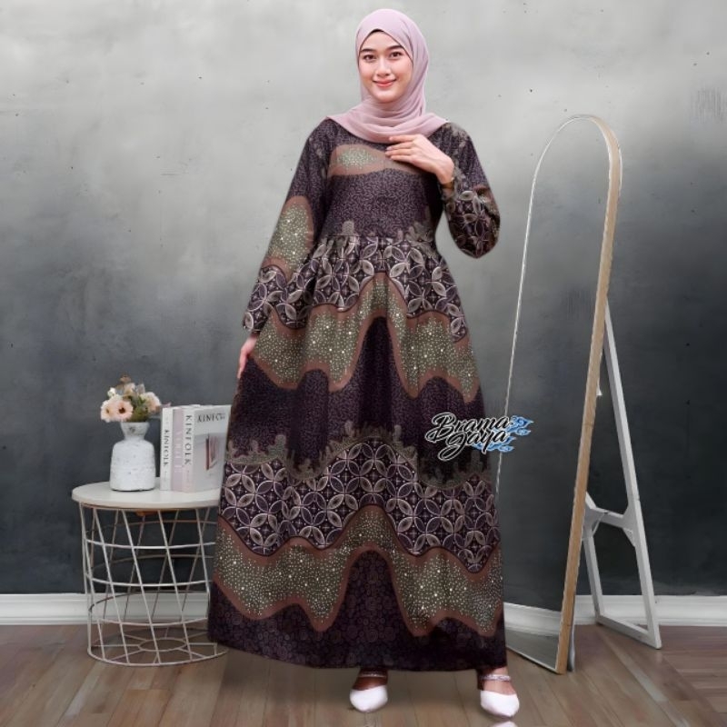 Gamis Batik Modern Wanita Motif Kawung Warna Coklat Dan Ijo