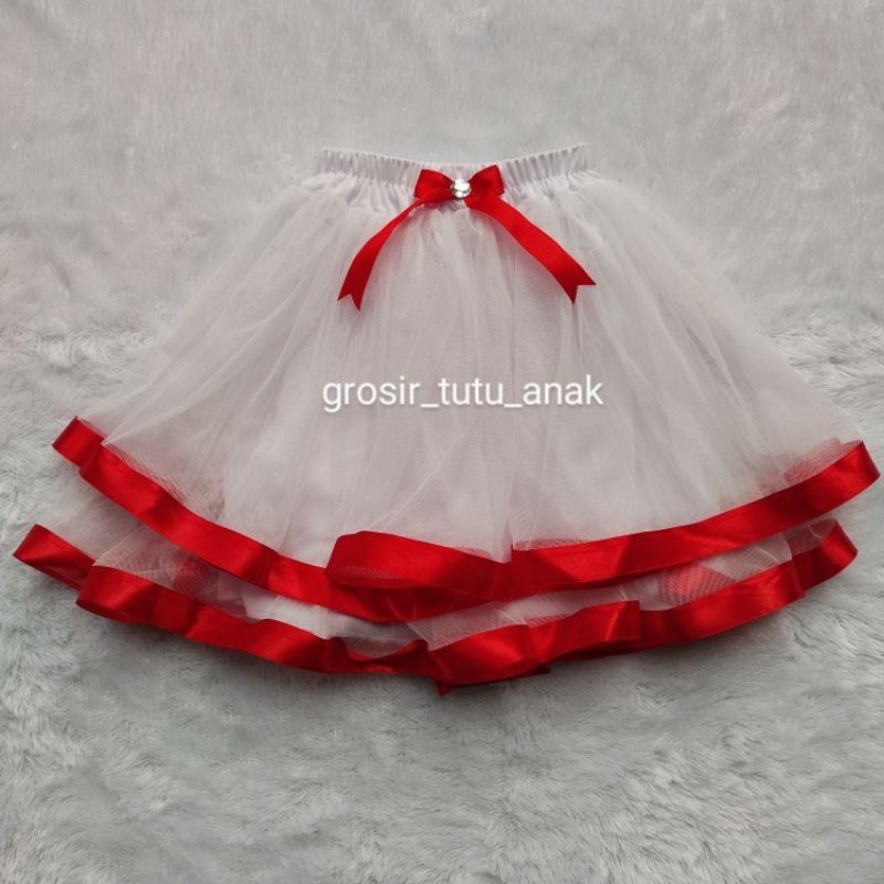Namira Rok Tutu Dua Susun Tile Polos Pita Satin Usia 1-12 Tahun - Rok Tile Putih List Pita Merah - R