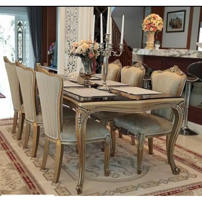 Meja makan jati 6 kursi mewah/ Meja makan 6 kursi kayu jati