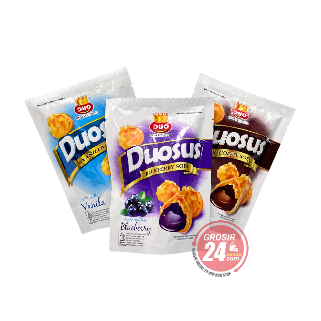 

GROSIR24 - Duosus Kue Soes Kering Netto 30 gr, Duo Sus Rasa Blueberry, Cokelat/ Chocolate, Vanila, Grosir Ecer Harga Termurah, Terlaris, 100% Original, 100% Halal & BPOM