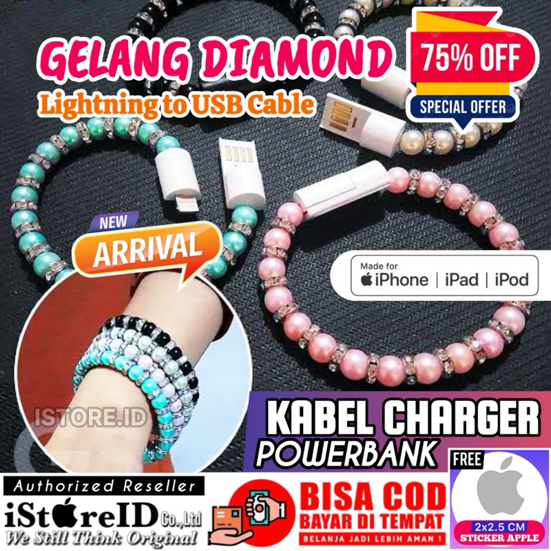 [COD] Free Gift: Stiker! 2.1A Bracelet Cable Style Manik Diamond Mutiara Aksesoris Fashion Kekinian 