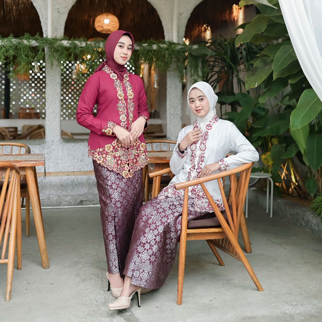 WIWIESHAKA - Set Kebaya Encim Modern Merah Putih Rok Songket