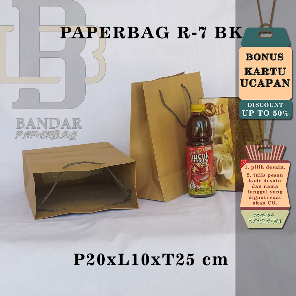 

PAPERBAG BONUS KARTU UCAPAN UKURAN R-7 BK (P20 X L10 X T25 CM) WARNA COKELAT POLOS