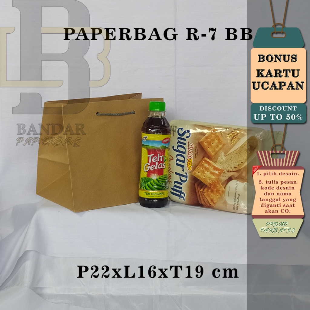 

PAPERBAG BONUS KARTU UCAPAN UKURAN R-7 BB (P22 X L16 X T19 CM) WARNA COKELAT POLOS